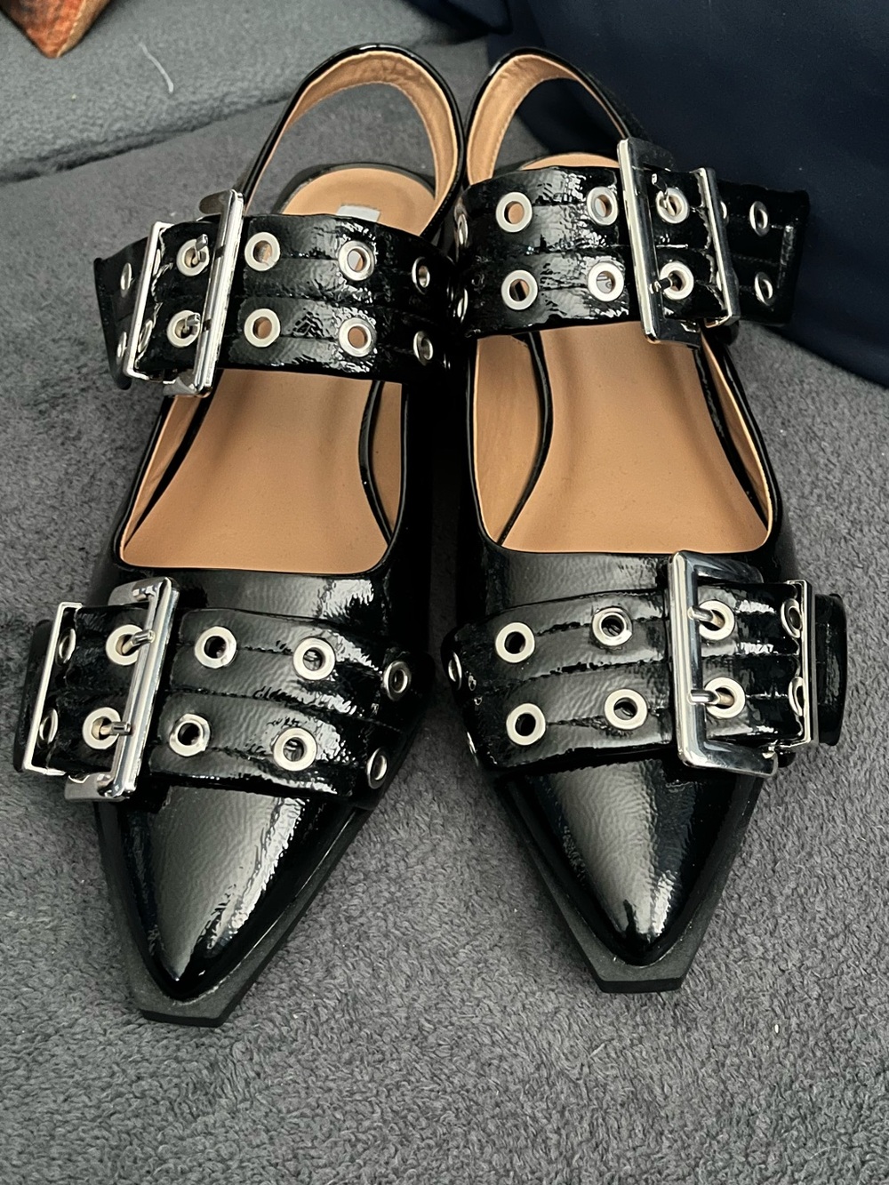 Project Cloud Katharyn Black Patent Pointed Toe Buckle Slingback Flats Size 10